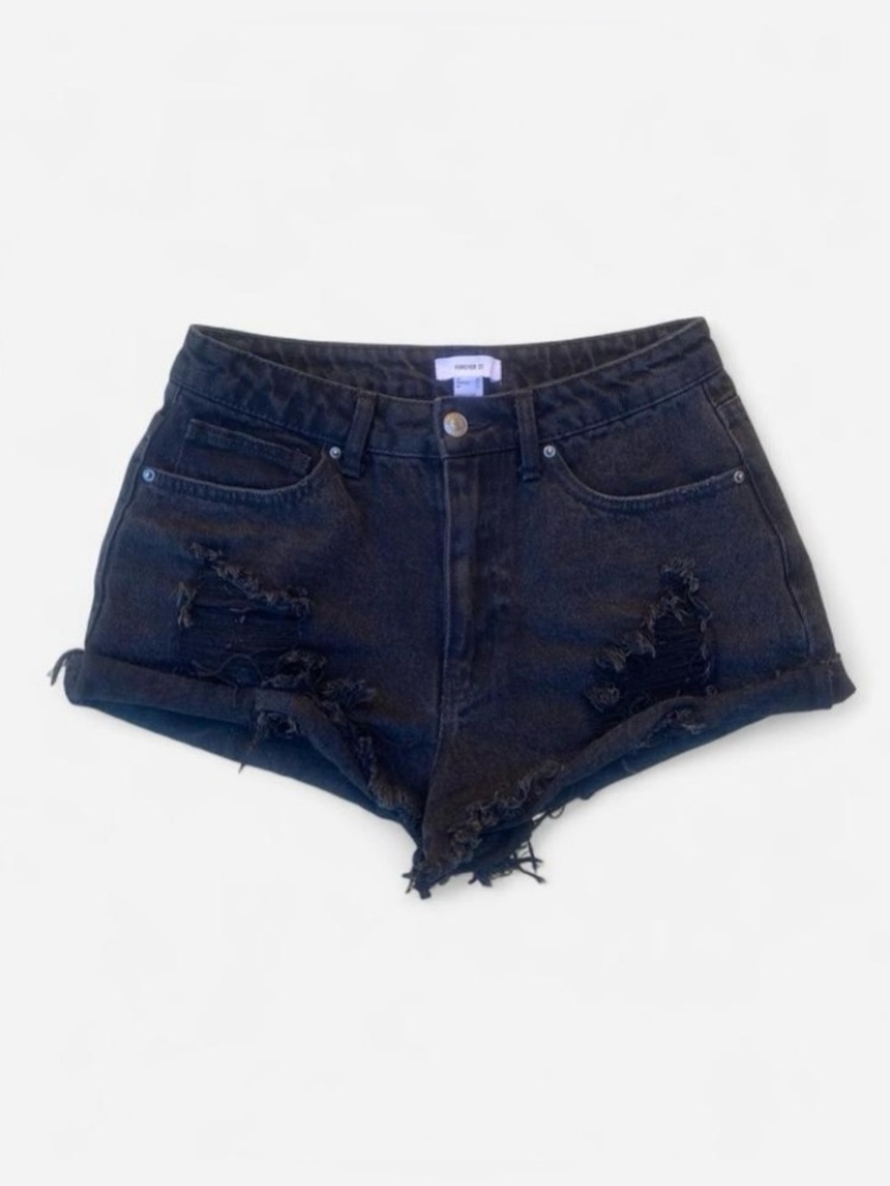 Forever 21 Black High-waisted Distressed Denim Micro Shorts
